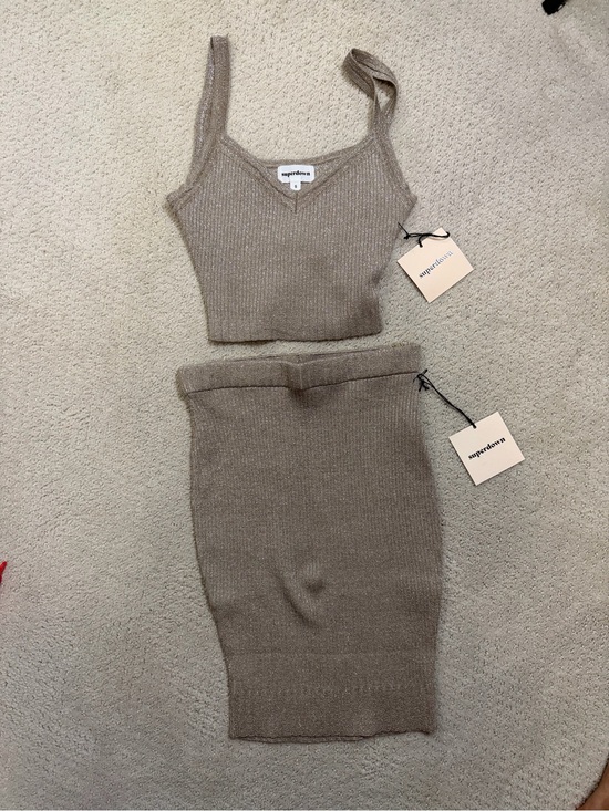 superdown Dresses & Skirts - superdown Shimmery Knit Crop Tank and Pencil Skirt Set in Taupe